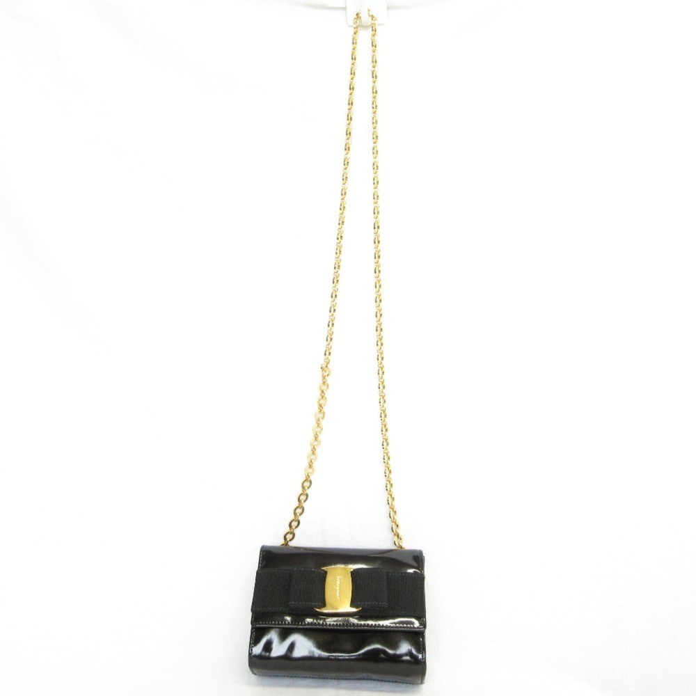 Salvatore Ferragamo Vara Ribbon Patent Leather Mini Shoulder Bag AQ213202 Bla...